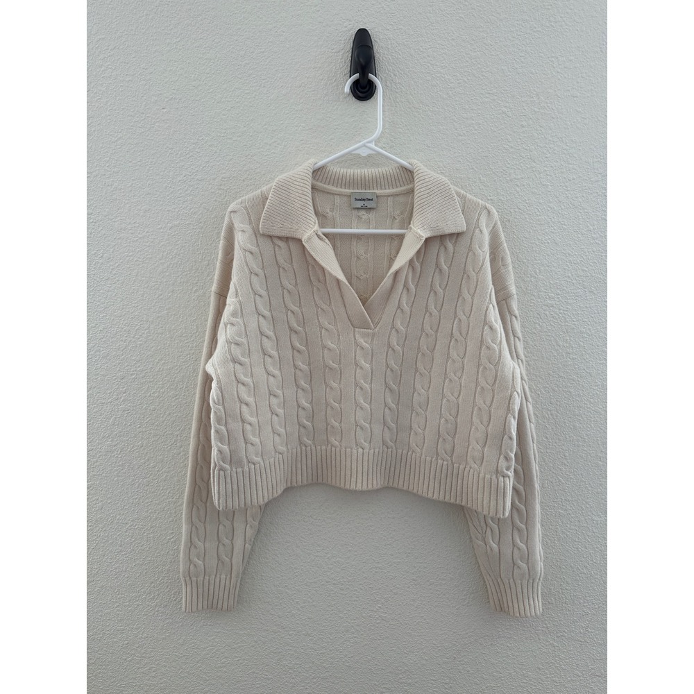 Sunday Best Aritzia Cream Merino Wool Cable Knit Polo Sweater Preppy Heritage M